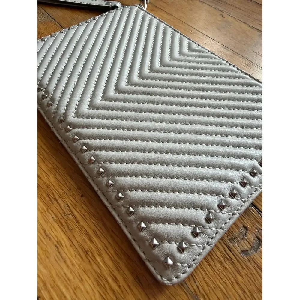 REBECCA MINKOFF Quilted Light Gray Studded Wristlet Clutch